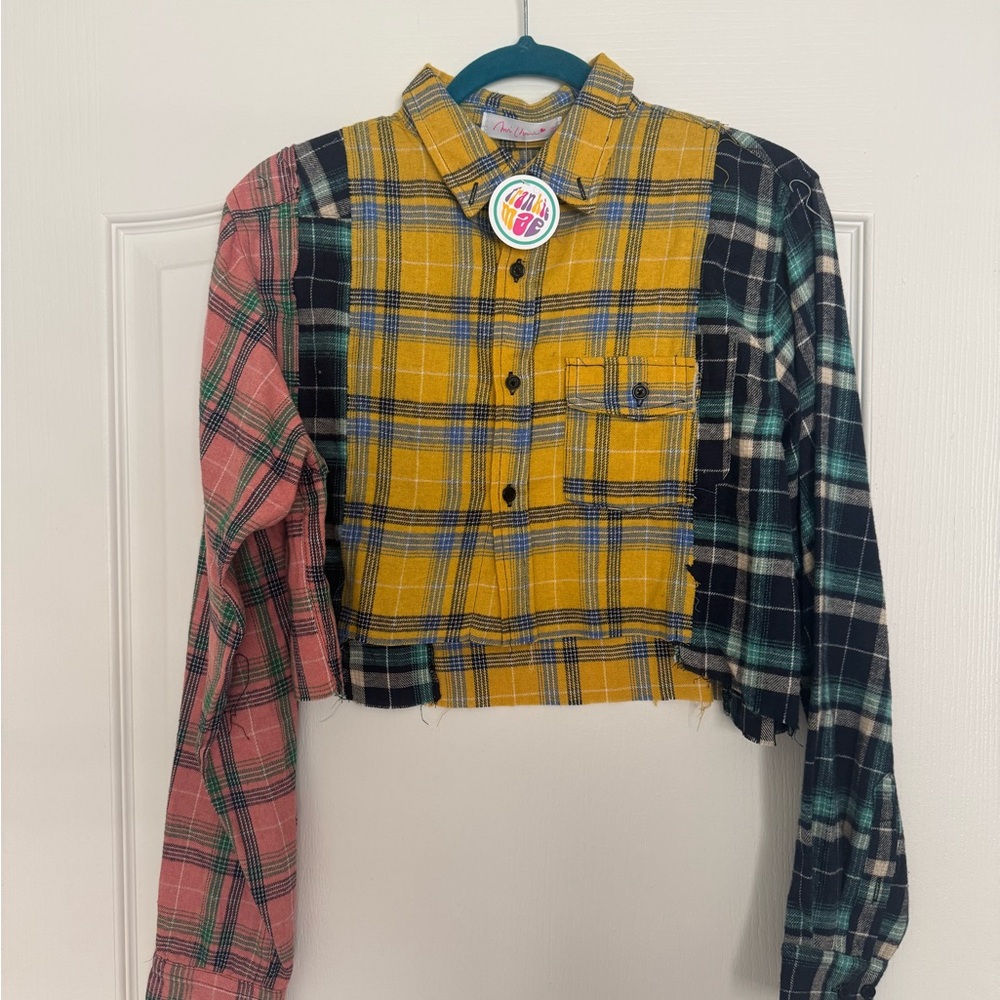 BRAND NEW patchwork cropped flannel